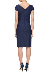 Alex Group Cap Sleeve Sheath with split Neckline & Embellishment  | Navy