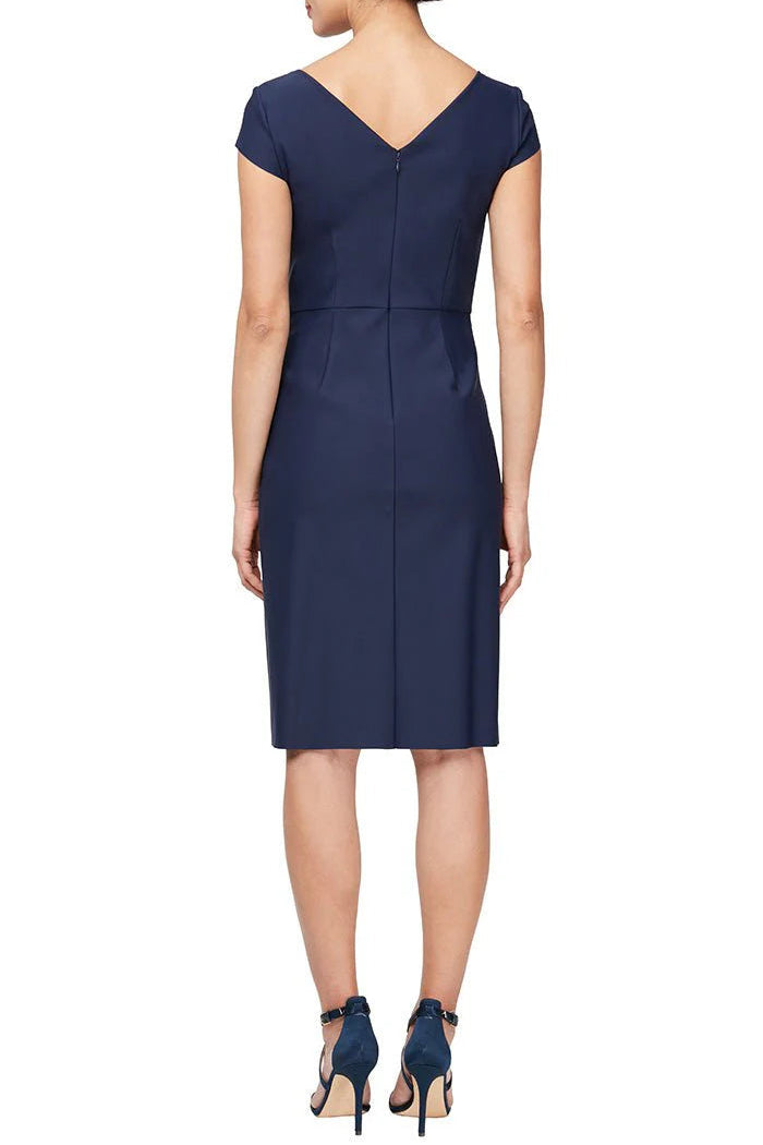 Alex Group Cap Sleeve Sheath with split Neckline & Embellishment  | Navy