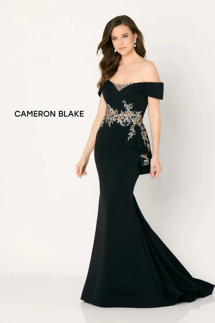 Cameron Blake CB779 Off The Shoulder Floral Peplum Gown | BLACK