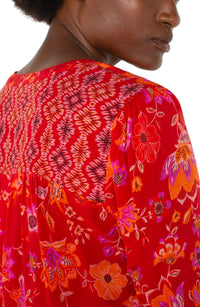 Button Front Shirred Blouse | Red/Orange Floral