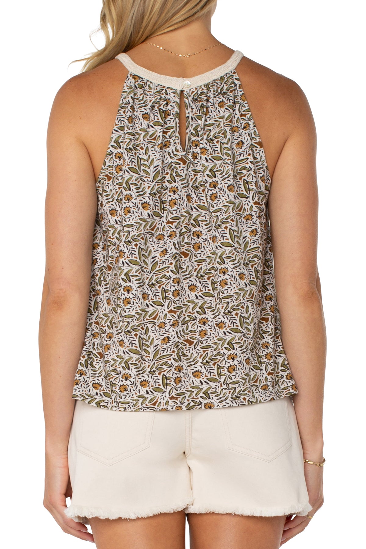 Sleeveless Woven Halter w/ Crochet | Olive Leaf/Cream