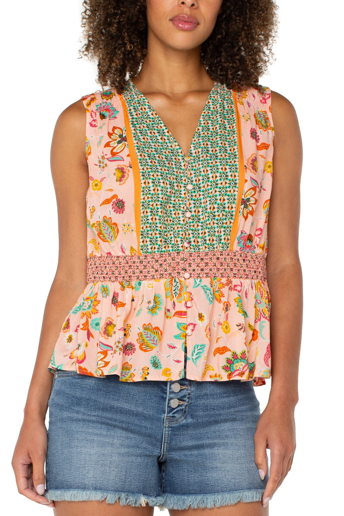 Sleeveless Woven Top with Smocked Waist | Pink/Green Multi