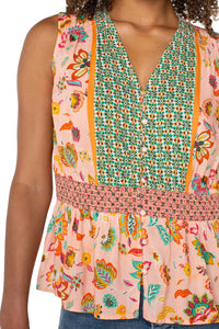 Sleeveless Woven Top with Smocked Waist | Pink/Green Multi