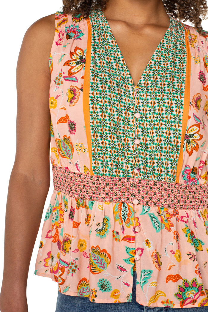 Sleeveless Woven Top with Smocked Waist | Pink/Green Multi