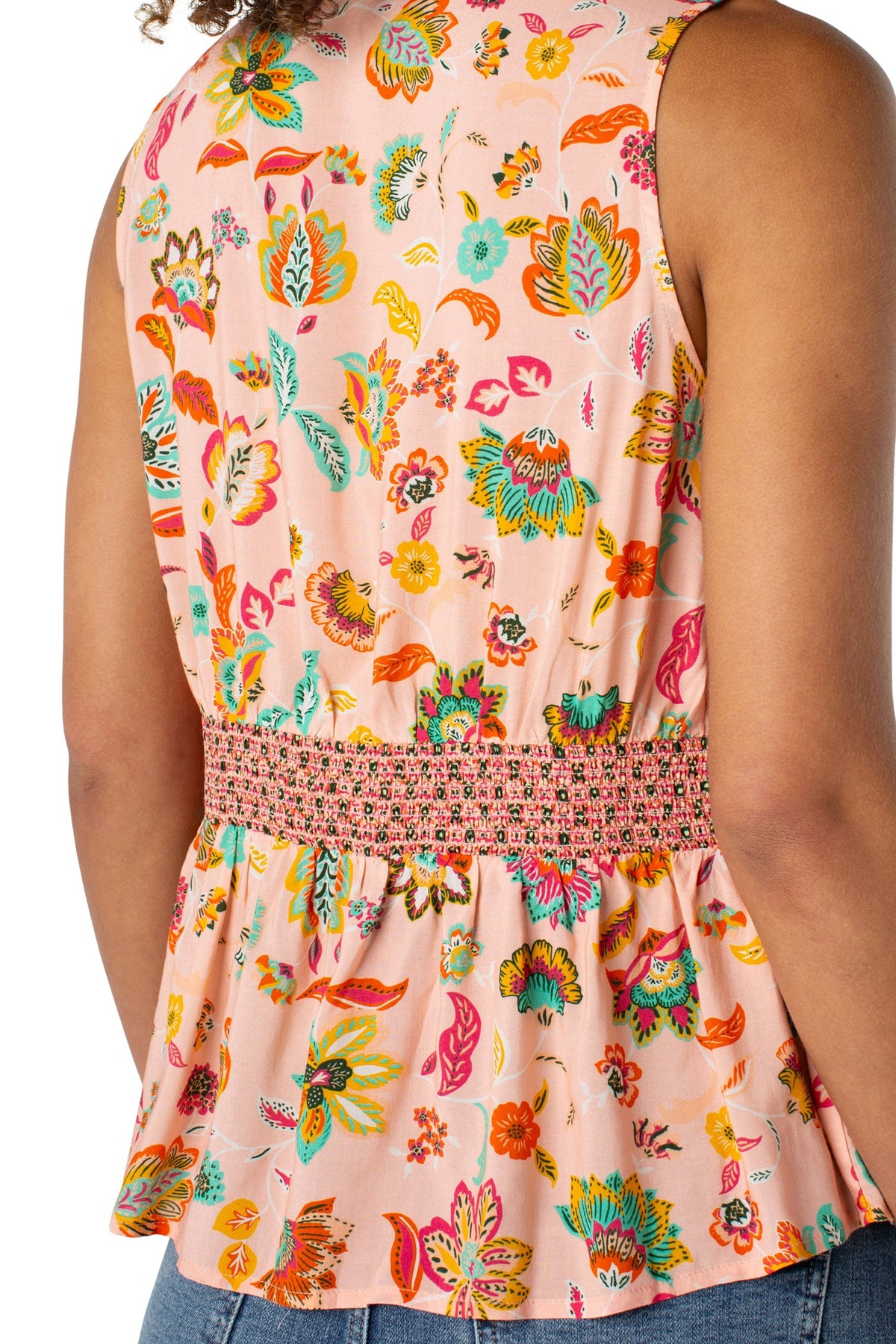 Sleeveless Woven Top with Smocked Waist | Pink/Green Multi