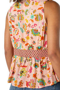 Sleeveless Woven Top with Smocked Waist | Pink/Green Multi