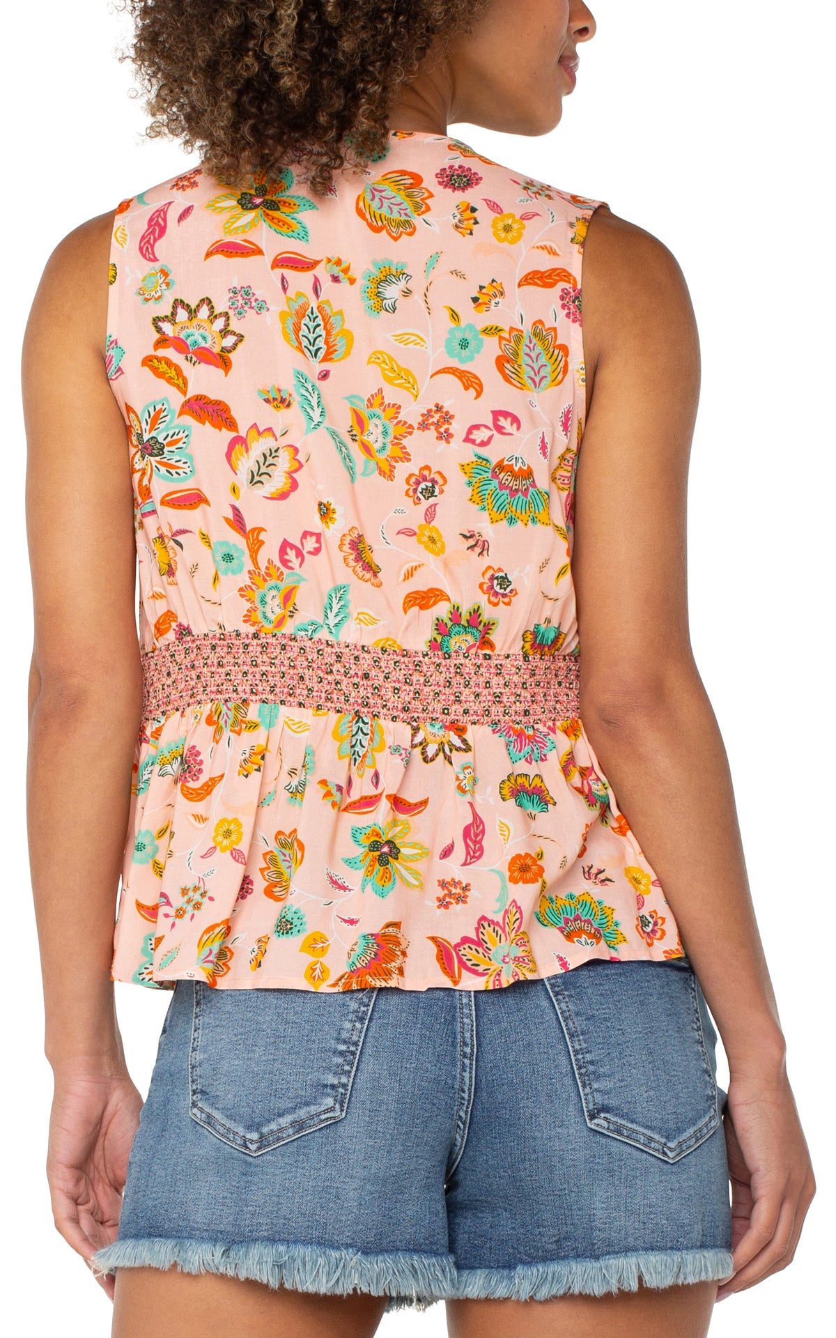 Sleeveless Woven Top with Smocked Waist | Pink/Green Multi