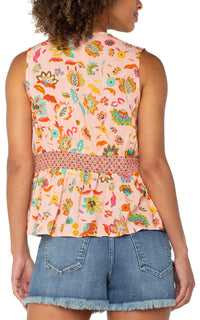 Sleeveless Woven Top with Smocked Waist | Pink/Green Multi