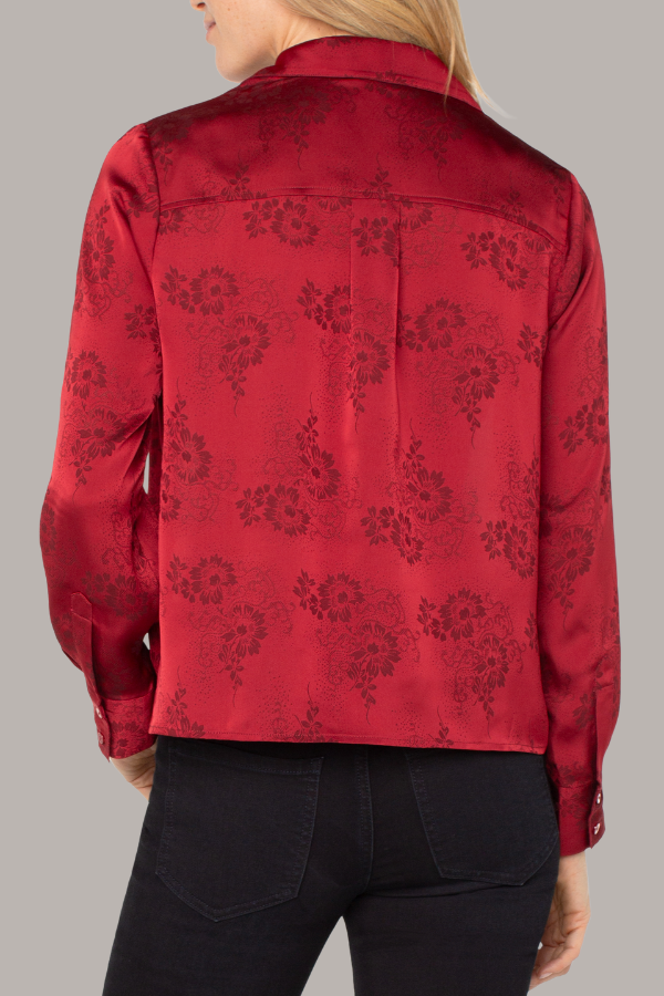 Woven Top with Hidden Placket | Dark Red Floral