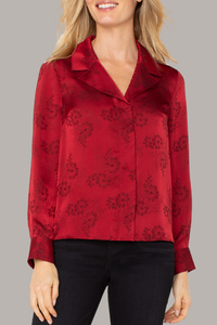 Woven Top with Hidden Placket | Dark Red Floral