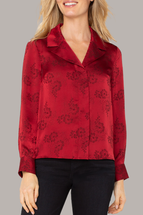 Woven Top with Hidden Placket | Dark Red Floral