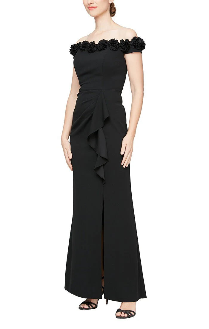 Off Shoulder Dress w 3D Flower Neckline | Black, Aubergine, Royal, Blossom, Dark Fuschia