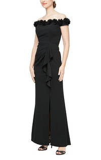 Off Shoulder Dress w 3D Flower Neckline | Black, Aubergine, Royal, Blossom, Dark Fuschia