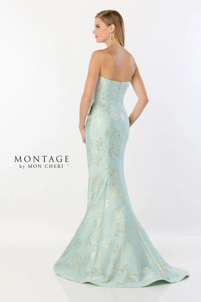 Montage M2226 Brocade Strapless Cascade Dress | Aqua/Gold
