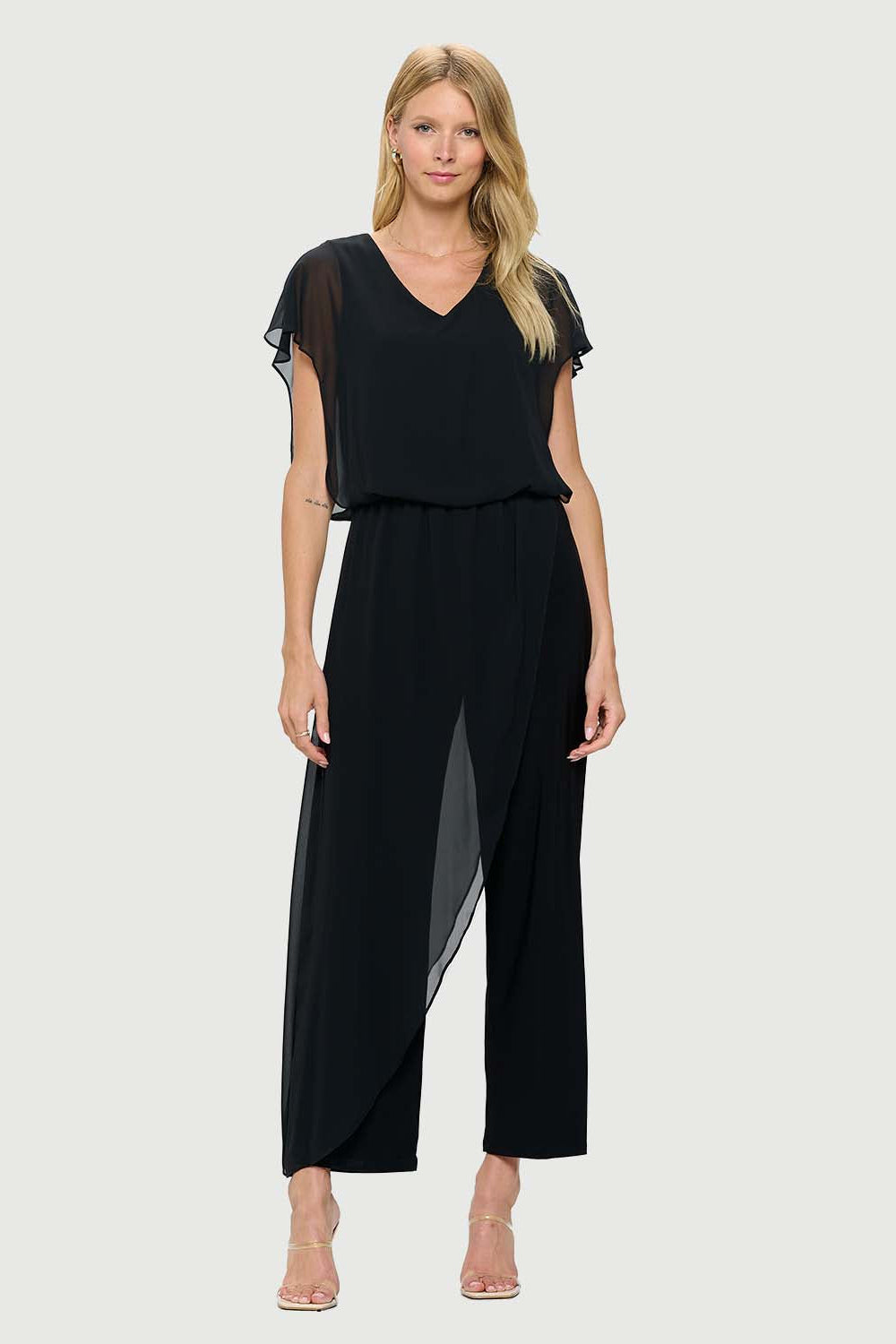 Jumpsuit with back Neckline, Chiffon Overlay & Straight Leg | Navy, Black