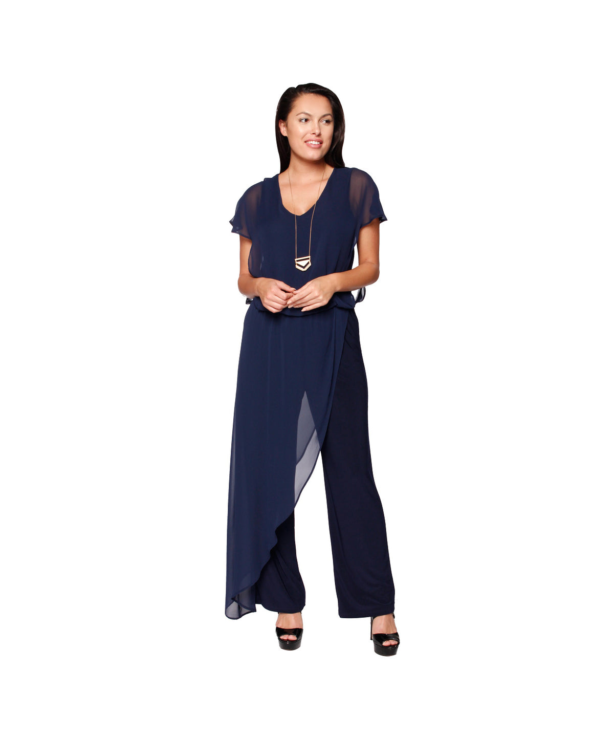 Jumpsuit with back Neckline, Chiffon Overlay & Straight Leg | Navy, Black