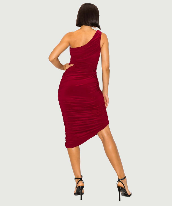 One Shoulder Ruched Bodycon Dress | Black, Burgundy