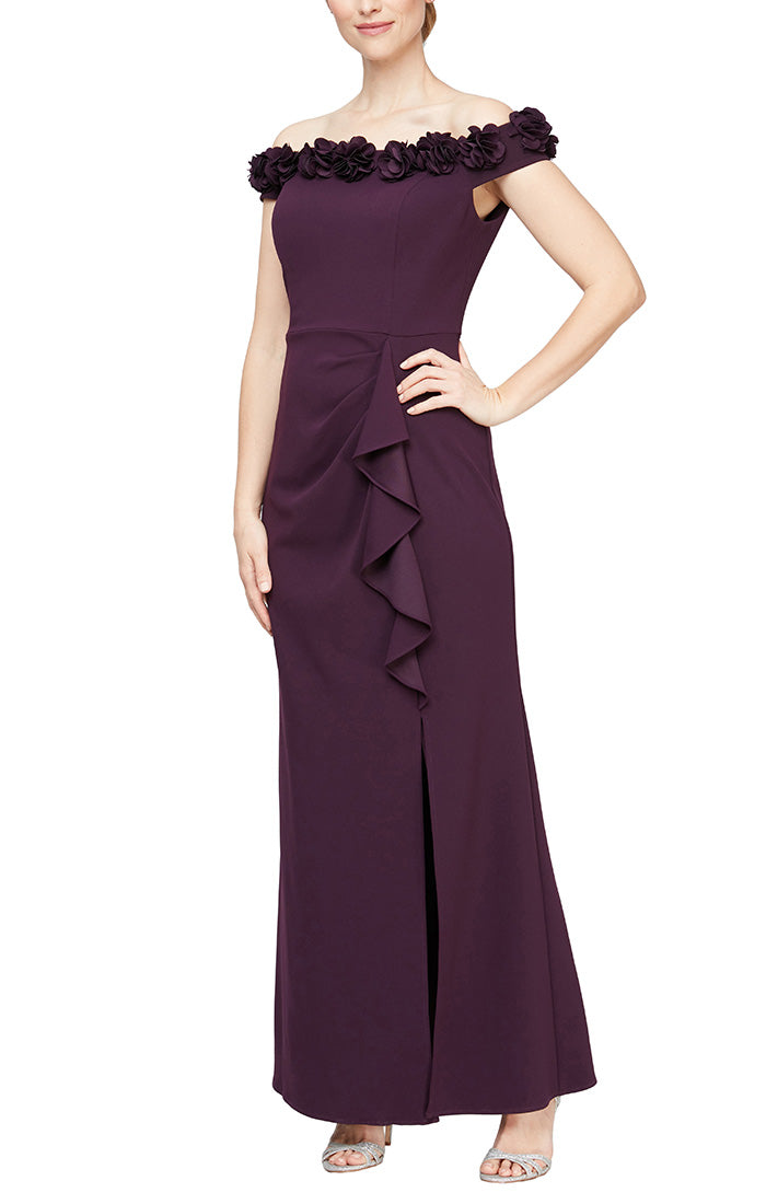 Off Shoulder Dress w 3D Flower Neckline | Black, Aubergine, Royal, Blossom, Dark Fuschia