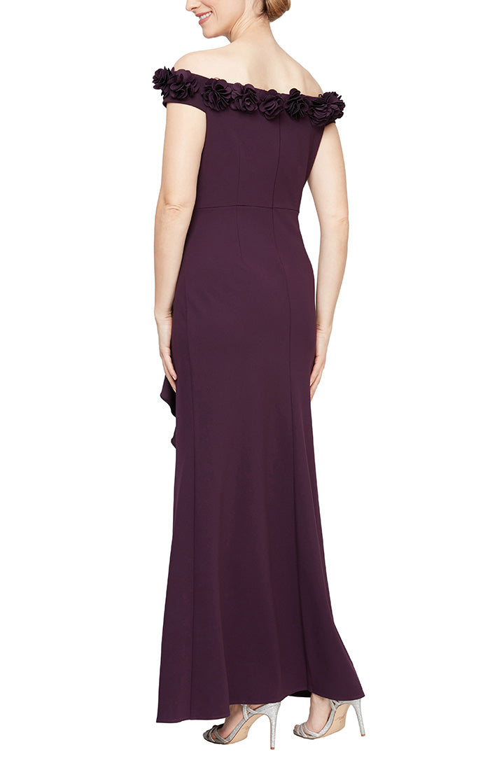 Off Shoulder Dress w 3D Flower Neckline | Black, Aubergine, Royal, Blossom, Dark Fuschia