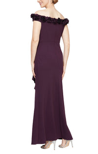 Off Shoulder Dress w 3D Flower Neckline | Black, Aubergine, Royal, Blossom, Dark Fuschia