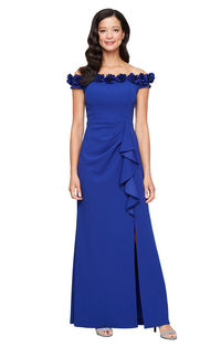Off Shoulder Dress w 3D Flower Neckline | Black, Aubergine, Royal, Blossom, Dark Fuschia