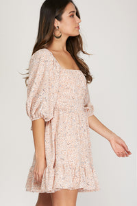 Puff Sleeve Print Tie Back Dress | Rose
