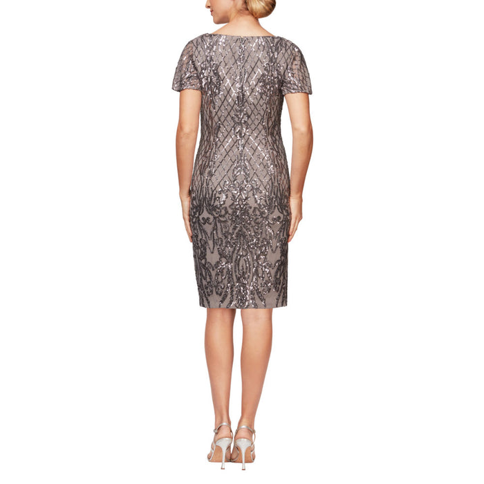 Short Sleeve V-Neck Sequin Cocktail Dress | Grey