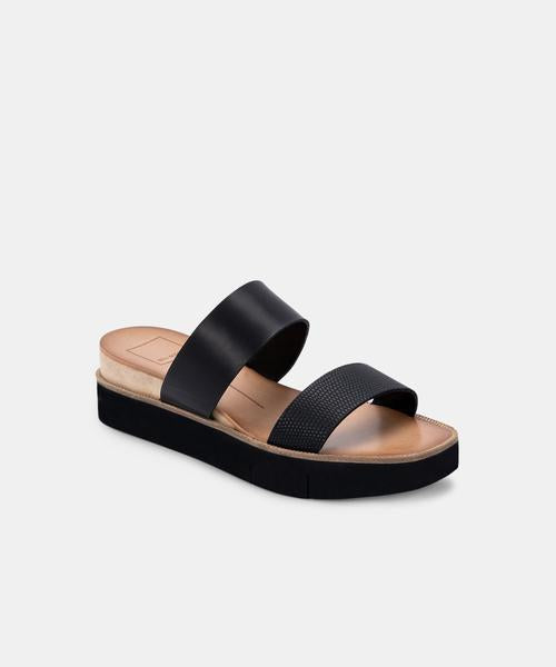 Parni Two Strap Embossed Leather Sandal | Black Leather