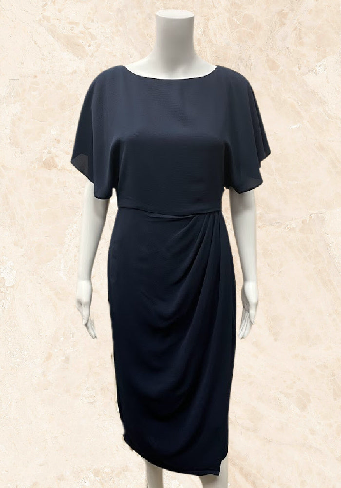 Navy Crepe Blouson Cocktail Dress With Flutter Sleeve | Navy  Harriman  Clothing Co.