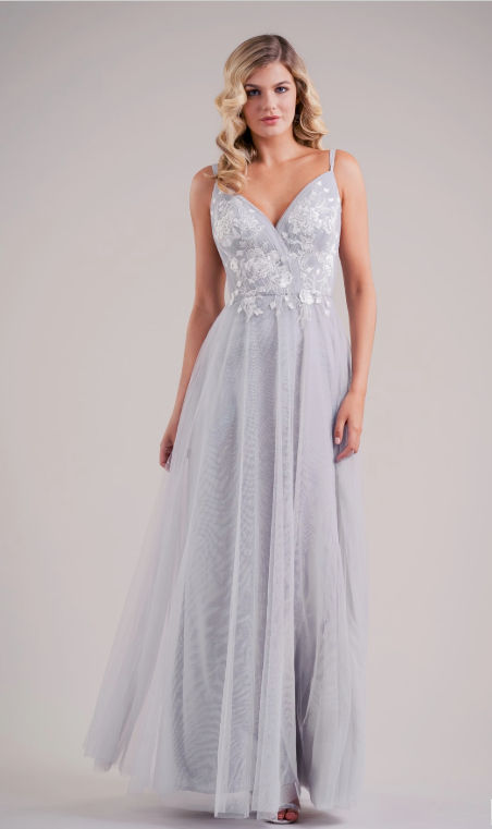 Lace Appliqué and Soft Tulle V Neck Bridesmaid Dress