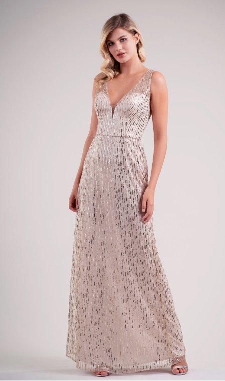 V Neckline Striped Sequin A Line Gown Available Long or Short Seve Harriman Clothing Co