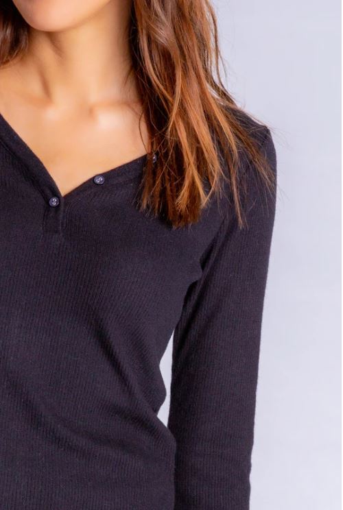 PJ Salvage Essential Buttery Rib Knit Long Sleeve V-Neck | Red, Black