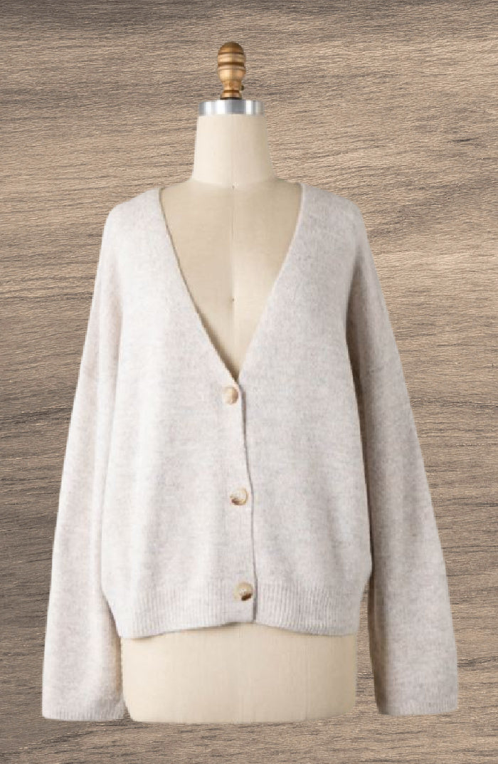 Buttons Front Plush Knit Cardigan | Beige, Heather Ivory