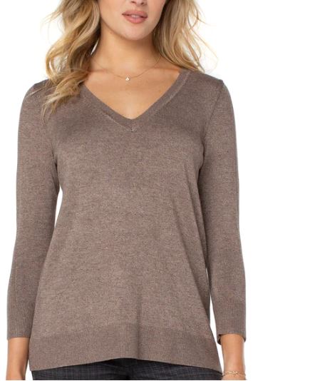 3/4 Sleeve V Neck Sweater With Pique | Shitake Mushroom