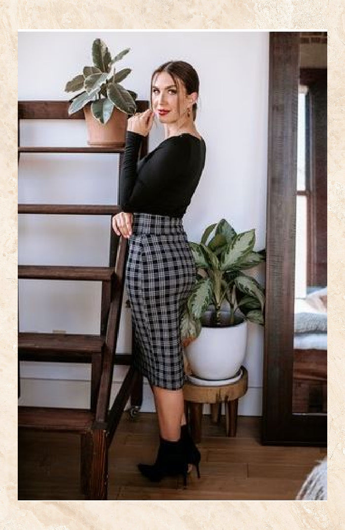 Plaid pencil sale skirt look