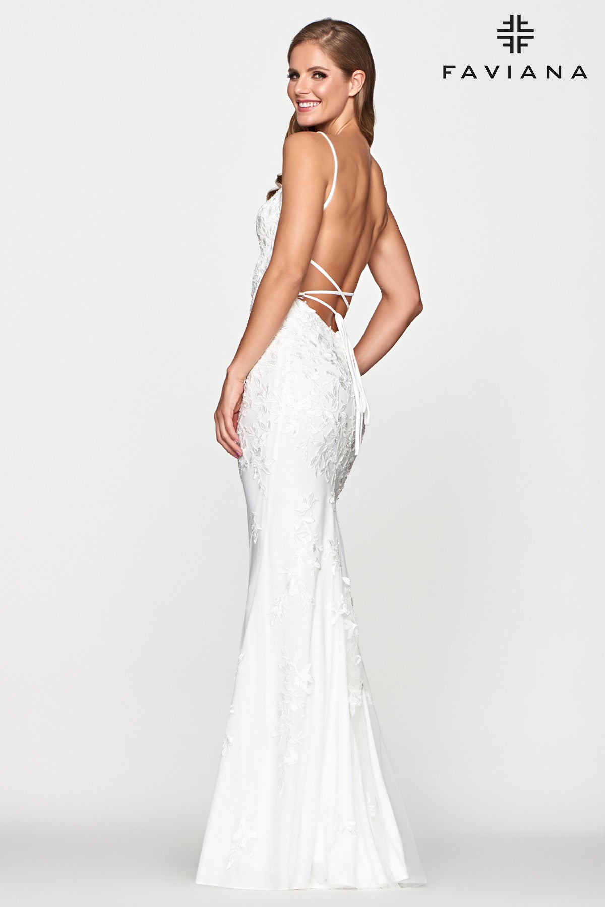 Faviana 10508 Ivory Lace Applique Fit & Flare Gown With Lace Up Back | Ivory
