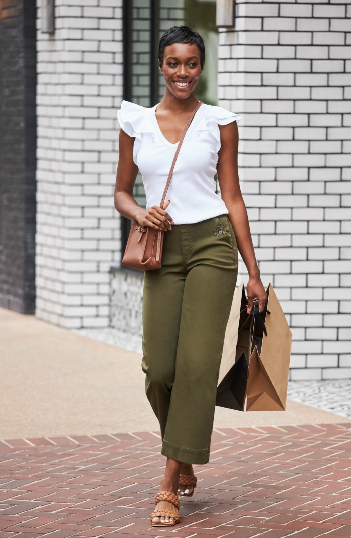 Spanx Stretch Twill Cropped wide Leg Pant  Darkened Olive, Bright Whi –  Harriman Clothing Co.