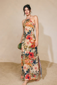 Tropical Floral Halter Maxi with Open Back | Botanic Fresco