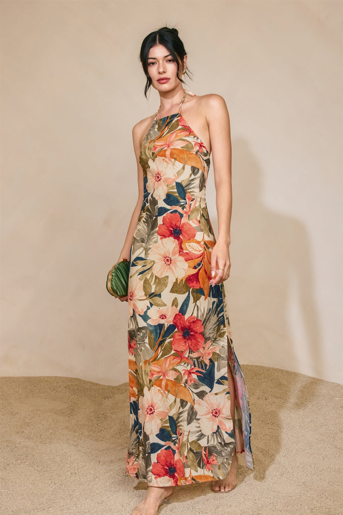 Tropical Floral Halter Maxi with Open Back | Botanic Fresco