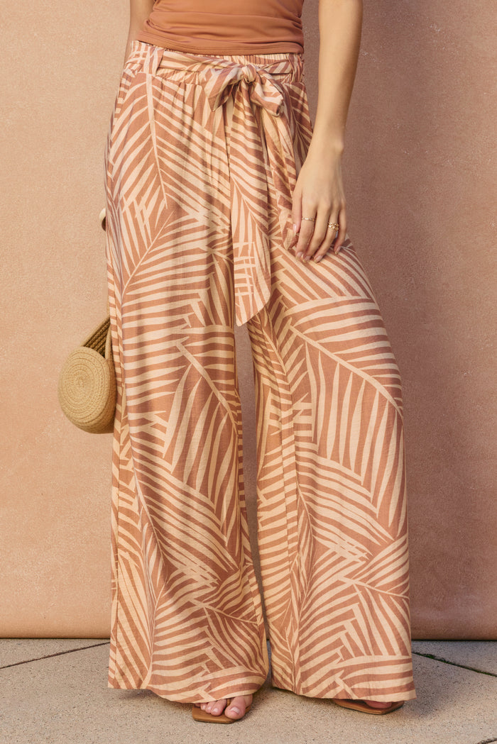 Tropical Leaf Looped Belt Pants | Brick Cream