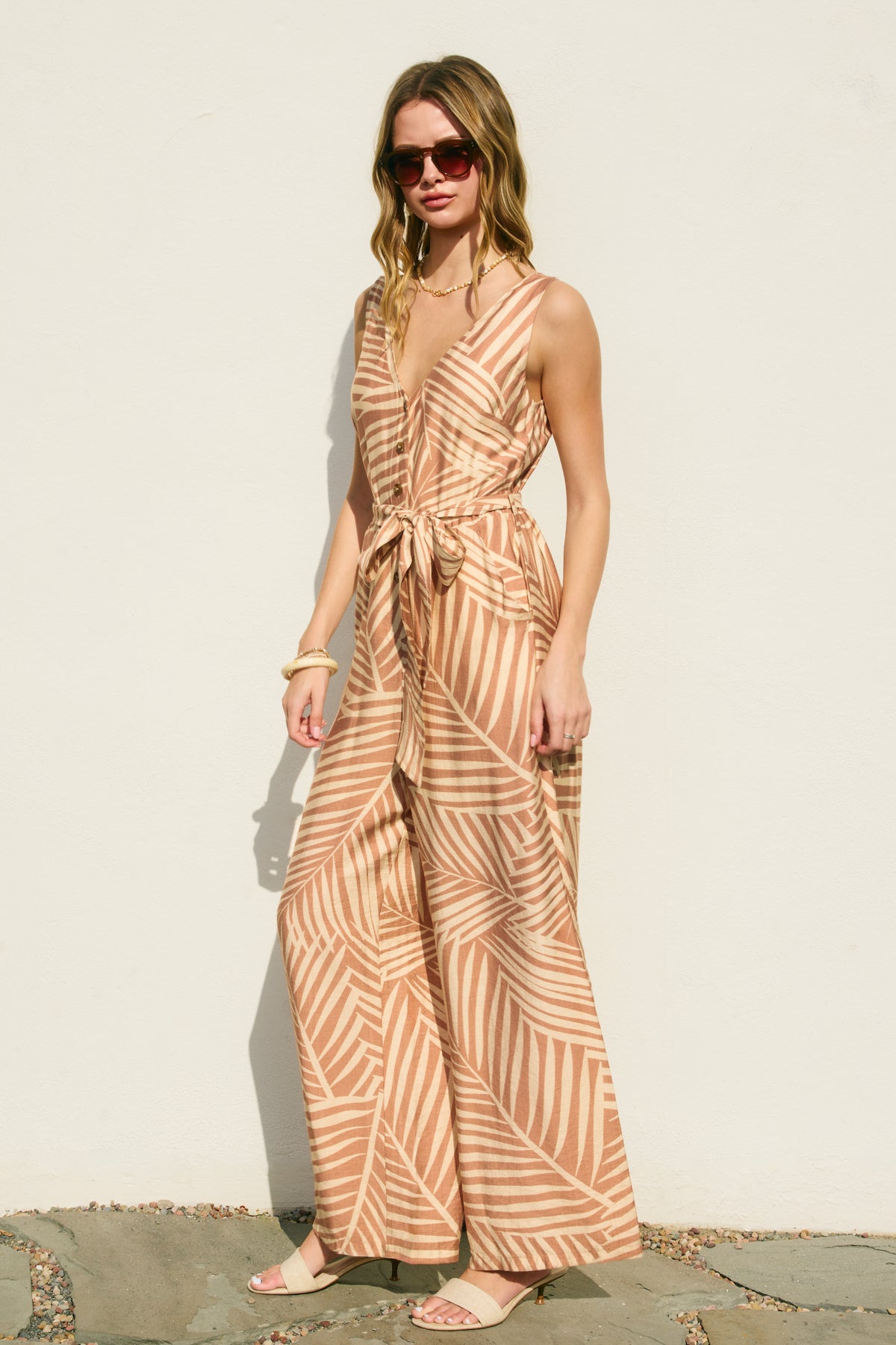 Tropical Button Down Belted Jumpsuit | Brick Cream