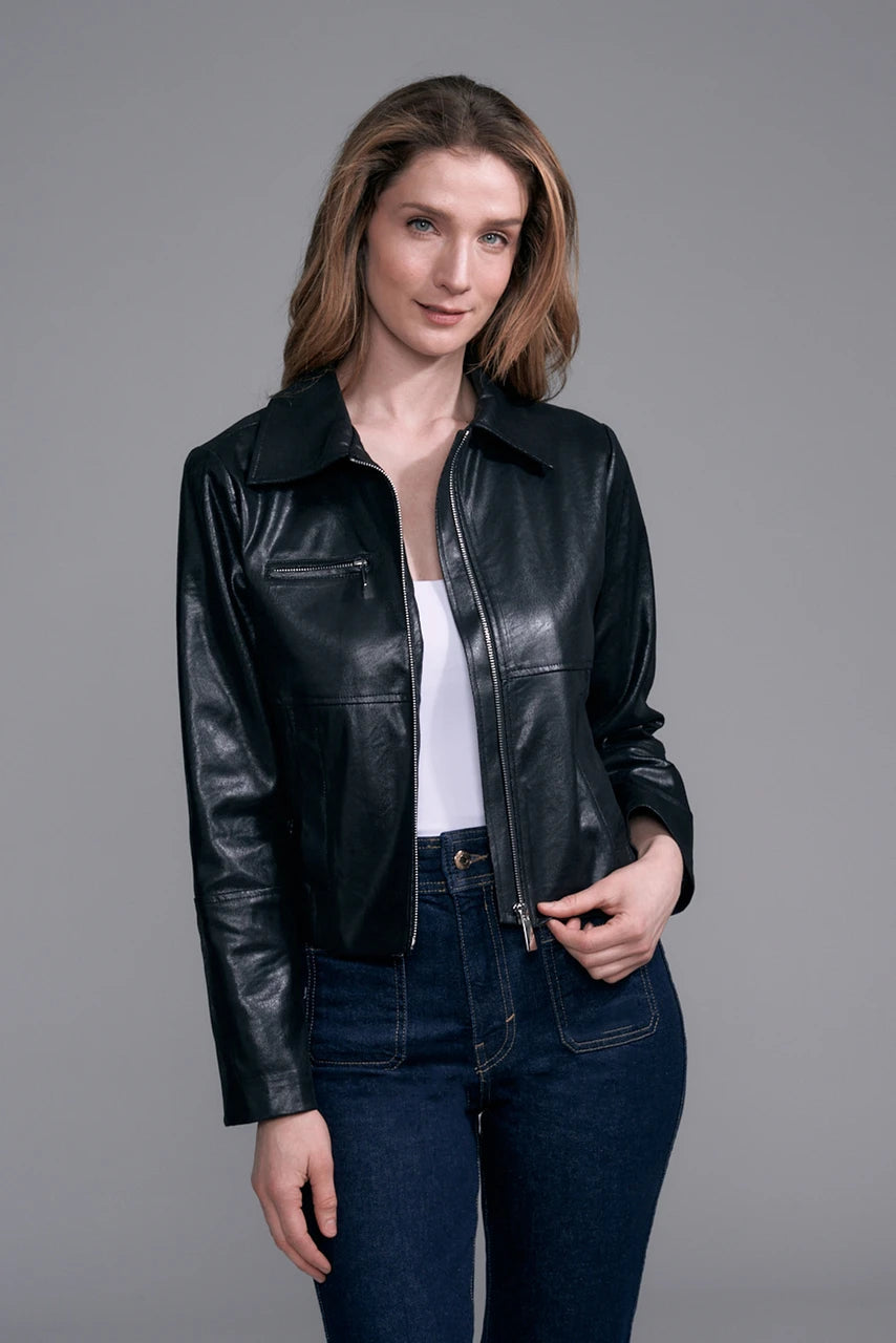 Crop Zip Faux Leather Jacket | Warm Taupe, Black
