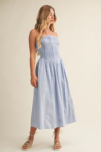 Pintuck & Smocked Bodice Strapless Dress | White, Chambray