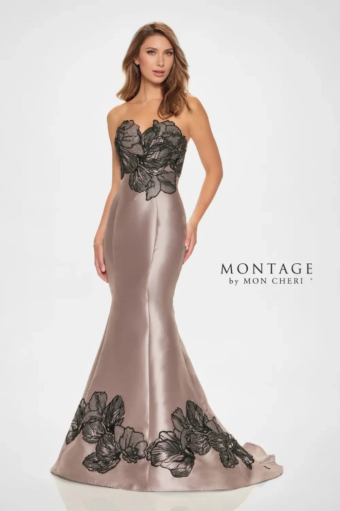 Mon Cheri M841 Mikado Gown w/ Floral Lace Applique