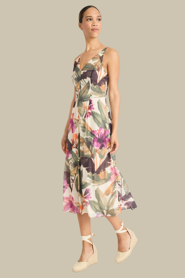 Double Floral V-Neck Seamed Dress | Ivory/Berry