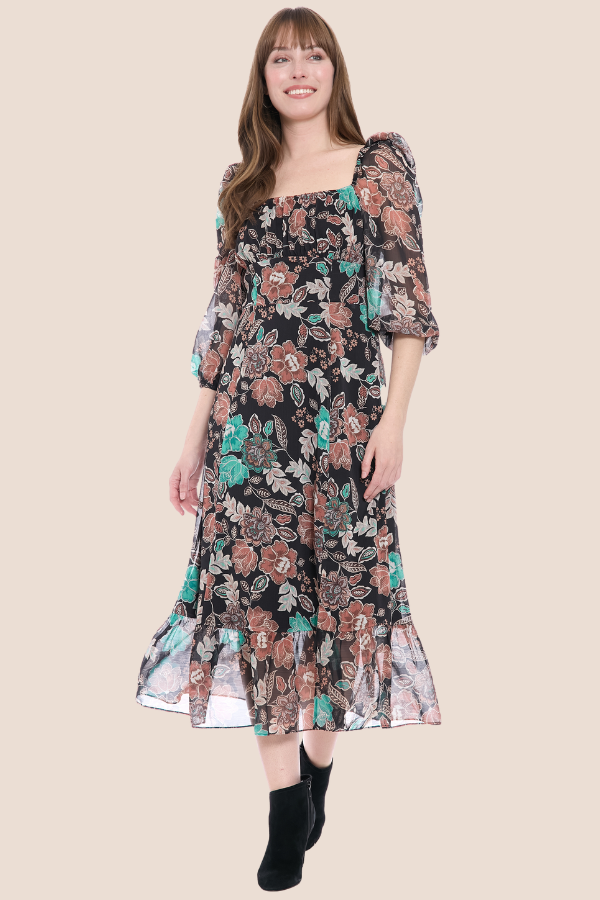 Batik Floral Square Neck Dress | Black/Redwood