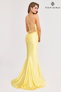 Faviana 11010 Satin V-Neck Applique Gown