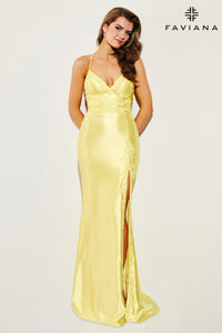Faviana 11010 Satin V-Neck Applique Gown
