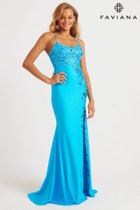 Faviana 11017 Scoop Neck Gown With Sequin Applique And Lace-Up Back