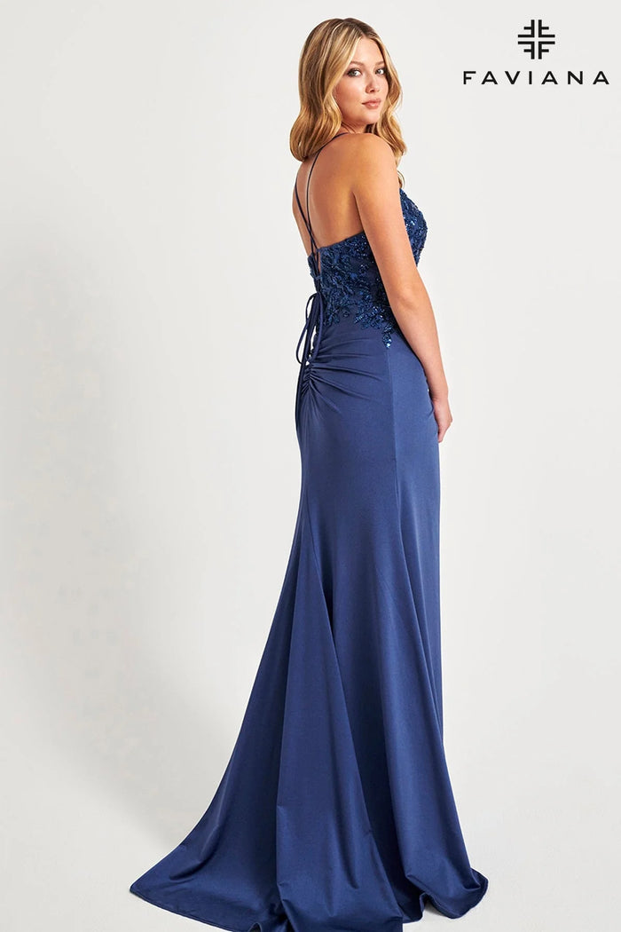 Faviana 11018 V-Neck Gown With Wrap-Over Skirt And Sequin Appliqué